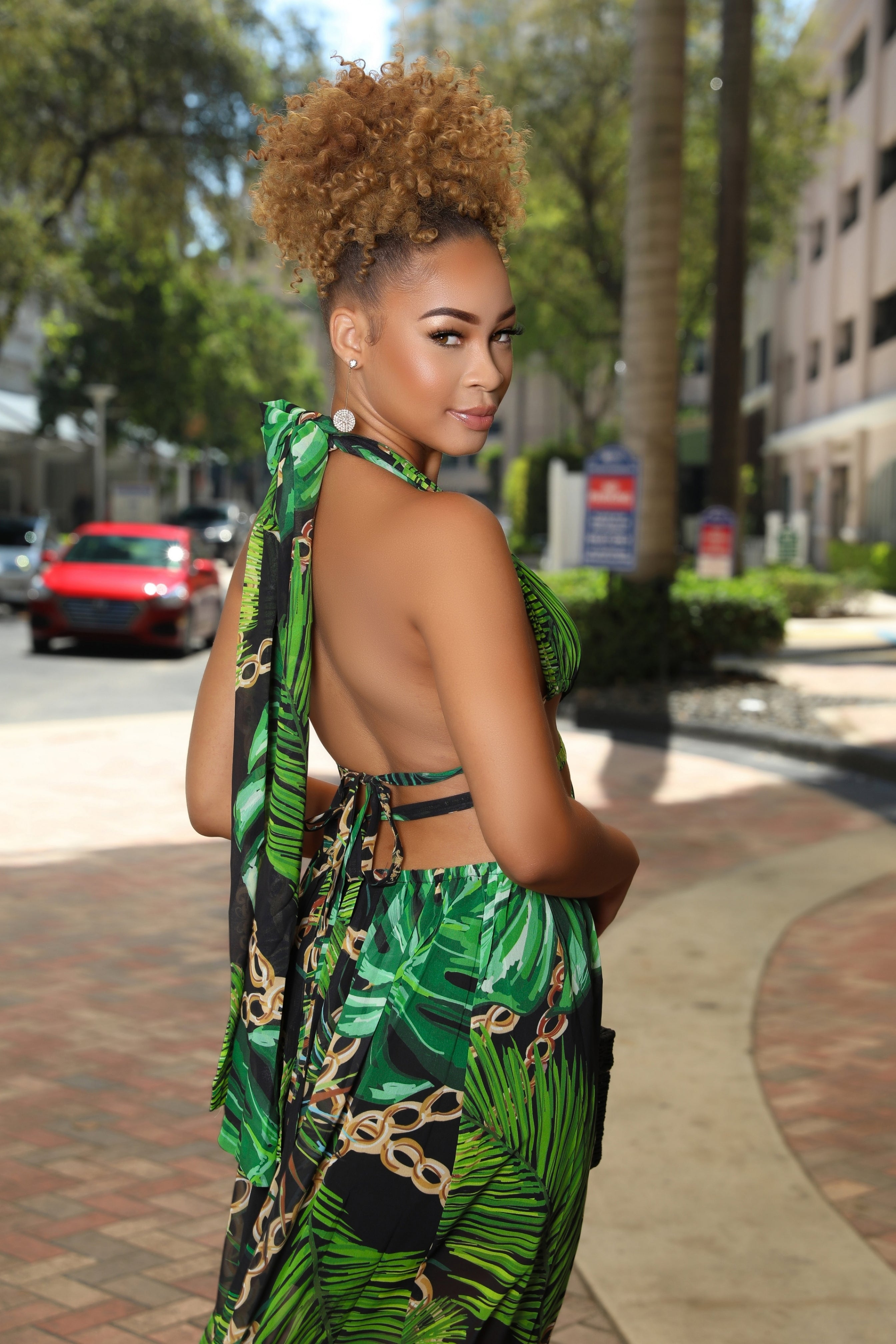 luxurious print maxi dress has a halter neckline