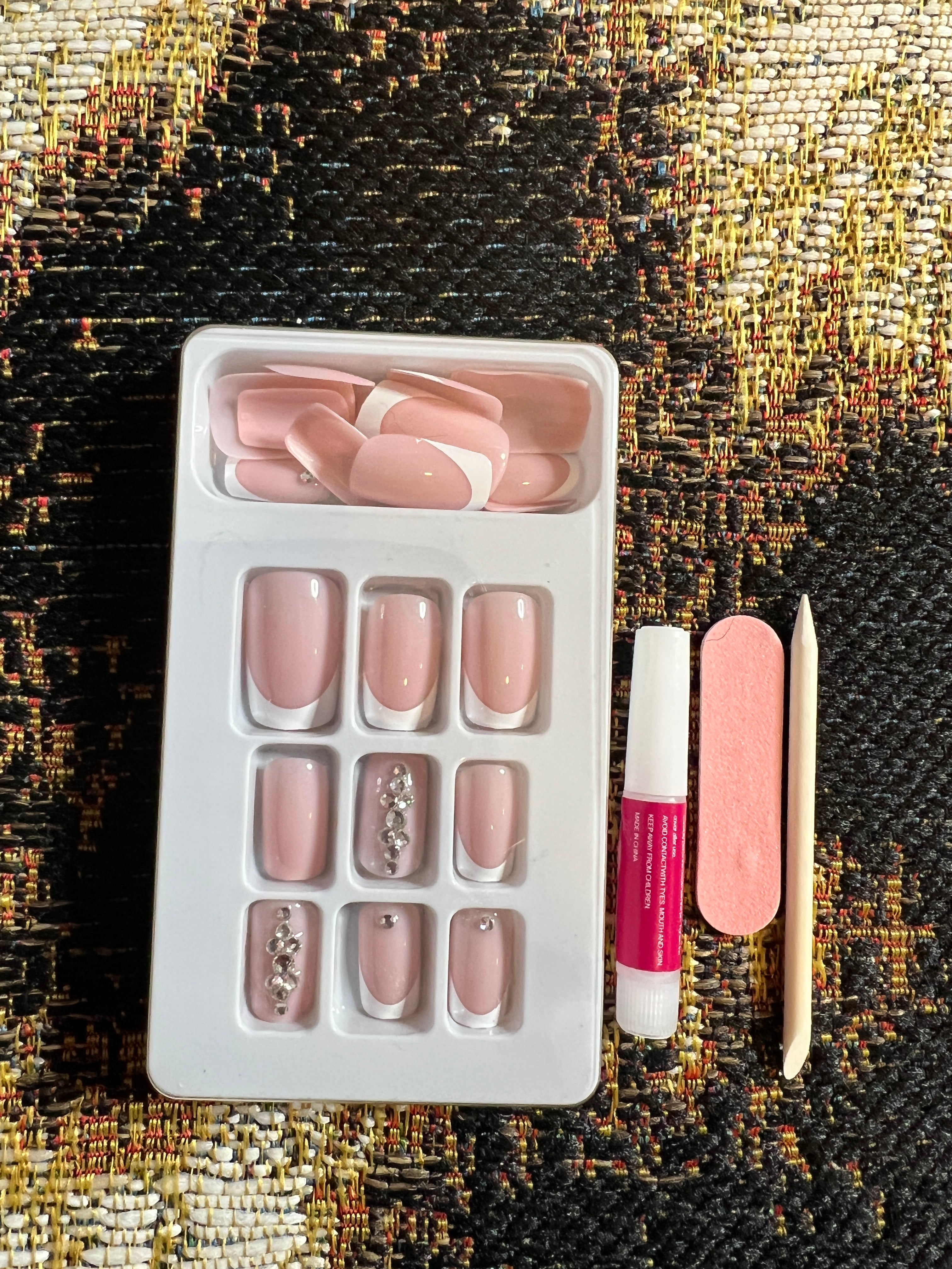 short square french tip press on nails pink