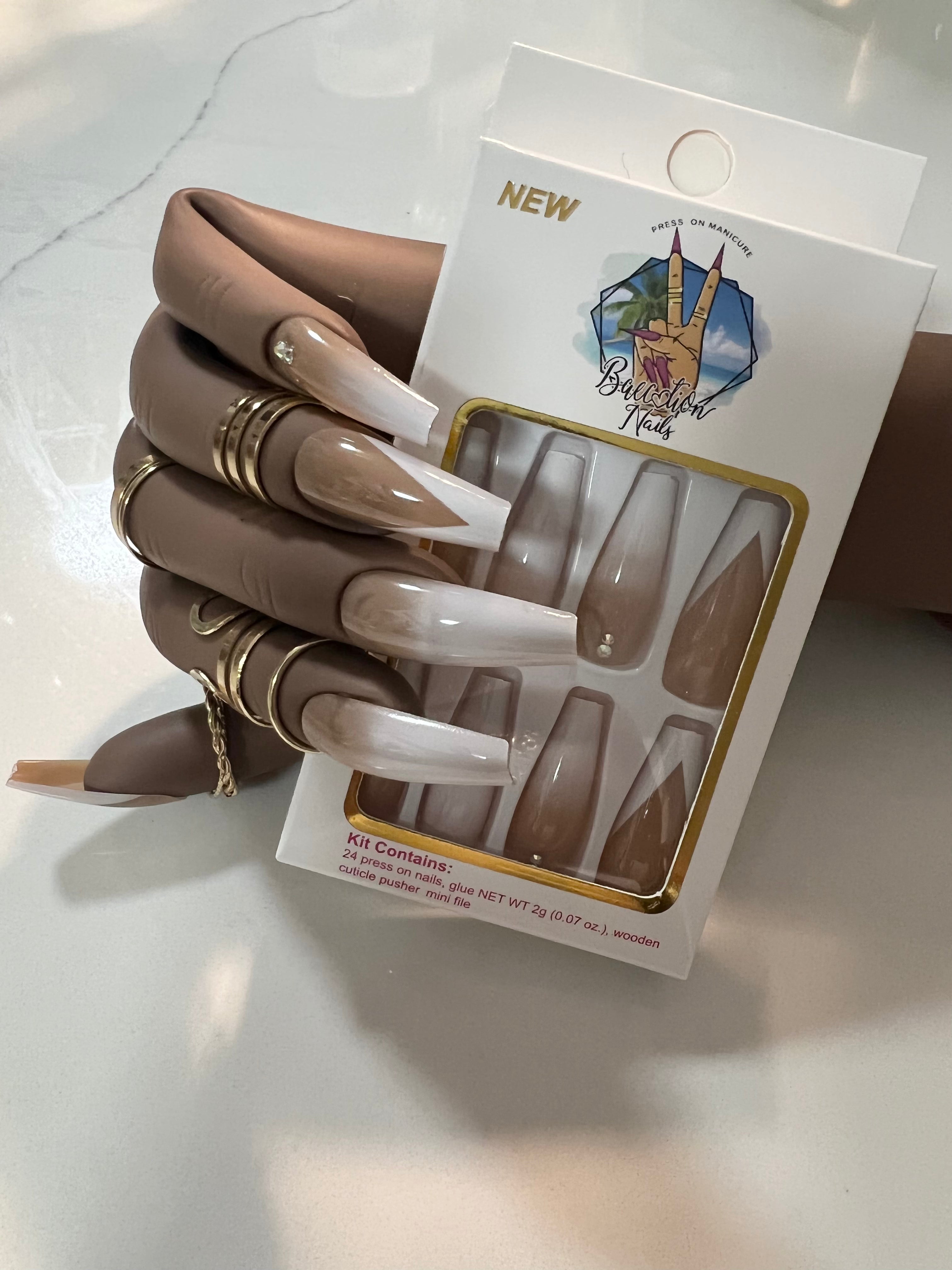 Relax l nude and white press on nails